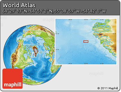 Physical Location Map of the Area around 64° 40' 8" N, 55° 10' 29" W