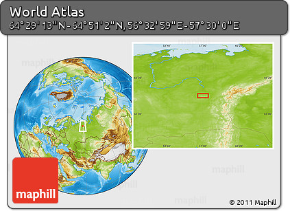 Physical Location Map of the Area around 64° 40' 8" N, 57° 1' 29" E