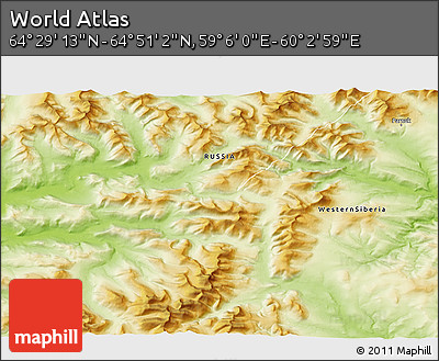 Physical 3D Map of the Area around 64° 40' 8" N, 59° 34' 30" E