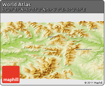 Physical 3D Map of the Area around 64° 40' 8" N, 59° 34' 30" E