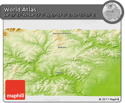 Physical 3D Map of the Area around 64° 40' 8" N, 60° 25' 29" E