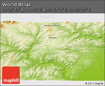 Physical 3D Map of the Area around 64° 40' 8" N, 60° 25' 29" E