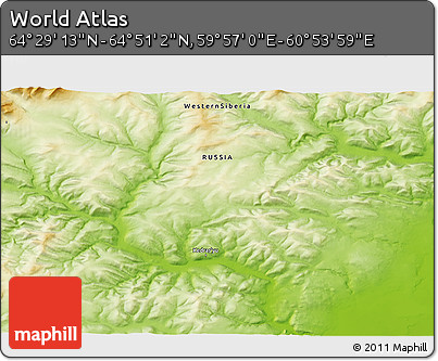 Physical 3D Map of the Area around 64° 40' 8" N, 60° 25' 29" E