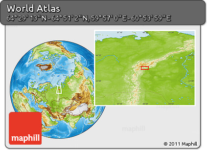 Physical Location Map of the Area around 64° 40' 8" N, 60° 25' 29" E