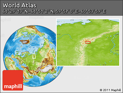 Physical Location Map of the Area around 64° 40' 8" N, 60° 25' 29" E