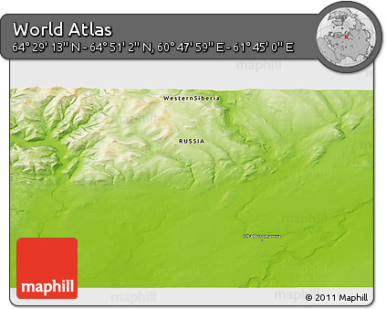 Physical 3D Map of the Area around 64° 40' 8" N, 61° 16' 29" E
