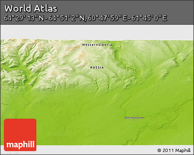 Physical 3D Map of the Area around 64° 40' 8" N, 61° 16' 29" E