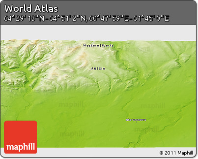 Physical 3D Map of the Area around 64° 40' 8" N, 61° 16' 29" E