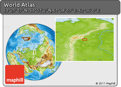 Physical Location Map of the Area around 64° 40' 8" N, 62° 7' 30" E