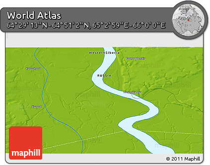 Physical 3D Map of the Area around 64° 40' 8" N, 65° 31' 30" E
