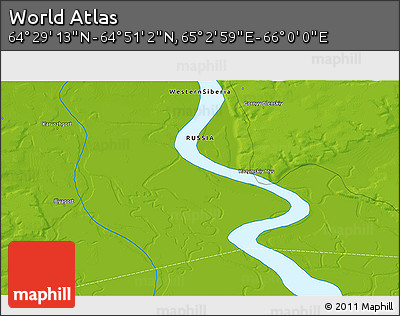 Physical 3D Map of the Area around 64° 40' 8" N, 65° 31' 30" E