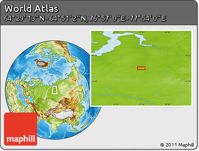 Physical Location Map of the Area around 64° 40' 8" N, 77° 25' 30" E
