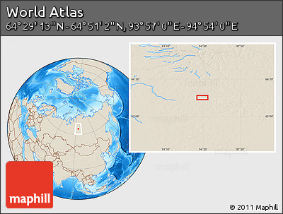 Shaded Relief Location Map of the Area around 64° 40' 8" N, 94° 25' 30" E