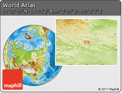 Physical Location Map of the Area around 64° 40' 8" N, 99° 31' 30" E