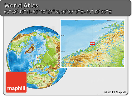 Physical Location Map of the Area around 64° 59' 36" N, 11° 7' 30" E