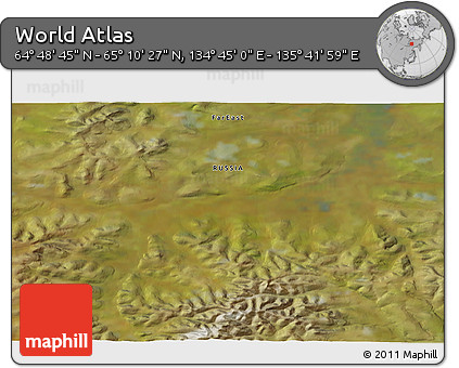 Satellite 3D Map of the Area around 64° 59' 36" N, 135° 13' 29" E