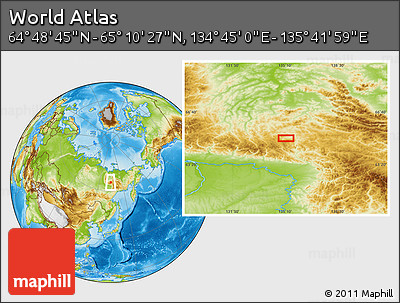 Physical Location Map of the Area around 64° 59' 36" N, 135° 13' 29" E