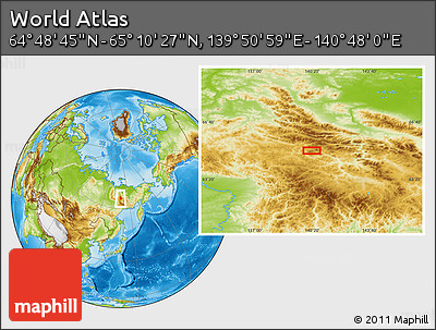 Physical Location Map of the Area around 64° 59' 36" N, 140° 19' 29" E