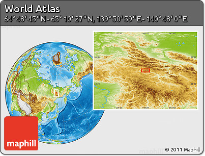 Physical Location Map of the Area around 64° 59' 36" N, 140° 19' 29" E