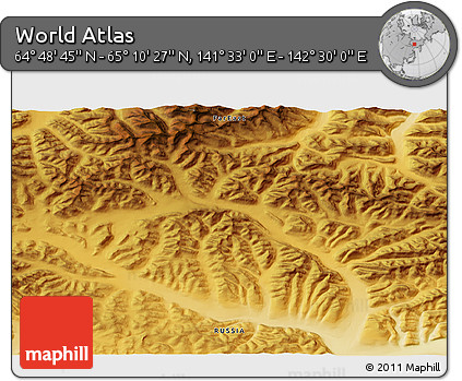 Physical 3D Map of the Area around 64° 59' 36" N, 142° 1' 30" E