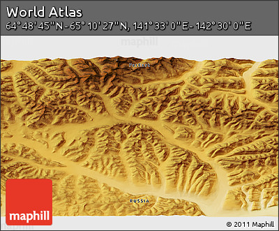 Physical 3D Map of the Area around 64° 59' 36" N, 142° 1' 30" E
