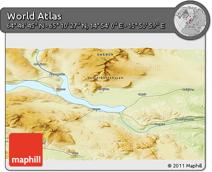 Physical 3D Map of the Area around 64° 59' 36" N, 15° 22' 30" E