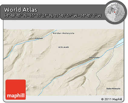 Shaded Relief 3D Map of the Area around 64° 59' 36" N, 15° 13' 29" W