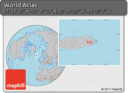 Gray Location Map of the Area around 64° 59' 36" N, 15° 13' 29" W