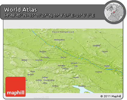 Physical 3D Map of the Area around 64° 59' 36" N, 19° 37' 30" E