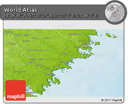 Physical 3D Map of the Area around 64° 59' 36" N, 21° 19' 30" E
