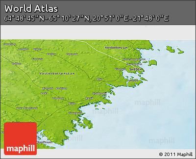 Physical 3D Map of the Area around 64° 59' 36" N, 21° 19' 30" E