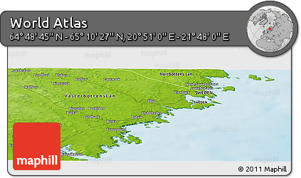 Physical Panoramic Map of the Area around 64° 59' 36" N, 21° 19' 30" E