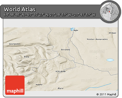 Shaded Relief 3D Map of the Area around 64° 59' 36" N, 21° 10' 29" W