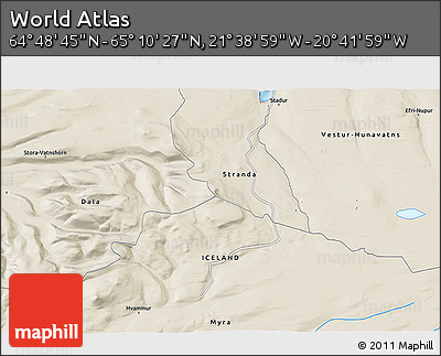 Shaded Relief 3D Map of the Area around 64° 59' 36" N, 21° 10' 29" W