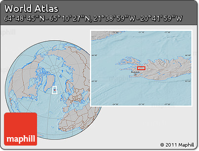 Gray Location Map of the Area around 64° 59' 36" N, 21° 10' 29" W, hill shading