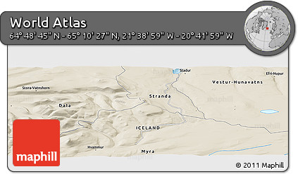Shaded Relief Panoramic Map of the Area around 64° 59' 36" N, 21° 10' 29" W