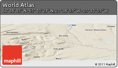 Shaded Relief Panoramic Map of the Area around 64° 59' 36" N, 21° 10' 29" W
