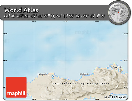 Shaded Relief Map of the Area around 64° 59' 36" N, 23° 43' 30" W