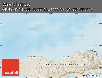 Shaded Relief Map of the Area around 64° 59' 36" N, 23° 43' 30" W