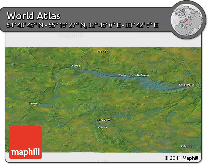 Satellite 3D Map of the Area around 64° 59' 36" N, 33° 13' 30" E