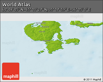 Physical 3D Map of the Area around 64° 59' 36" N, 35° 46' 29" E