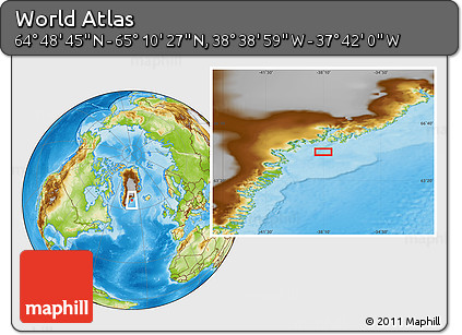 Physical Location Map of the Area around 64° 59' 36" N, 38° 10' 29" W