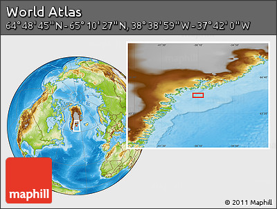 Physical Location Map of the Area around 64° 59' 36" N, 38° 10' 29" W