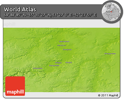 Physical 3D Map of the Area around 64° 59' 36" N, 51° 55' 29" E