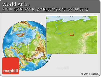 Physical Location Map of the Area around 64° 59' 36" N, 56° 10' 29" E