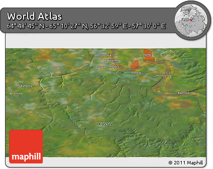 Satellite 3D Map of the Area around 64° 59' 36" N, 57° 1' 29" E
