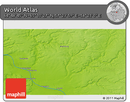 Physical 3D Map of the Area around 64° 59' 36" N, 57° 52' 30" E