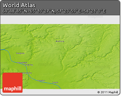 Physical 3D Map of the Area around 64° 59' 36" N, 57° 52' 30" E
