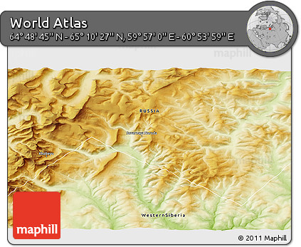 Physical 3D Map of the Area around 64° 59' 36" N, 60° 25' 29" E