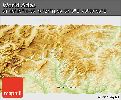 Physical 3D Map of the Area around 64° 59' 36" N, 60° 25' 29" E